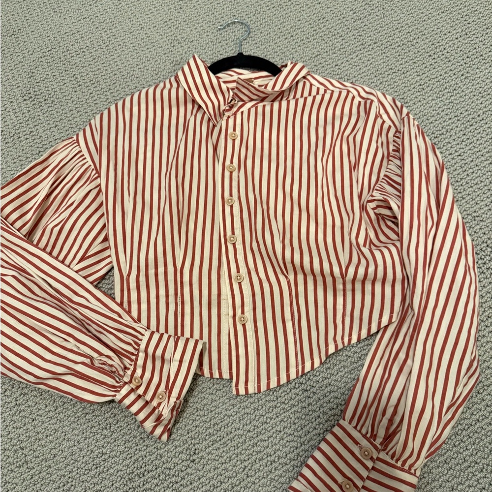 Free People Red and White Striped Button Down Shirt
